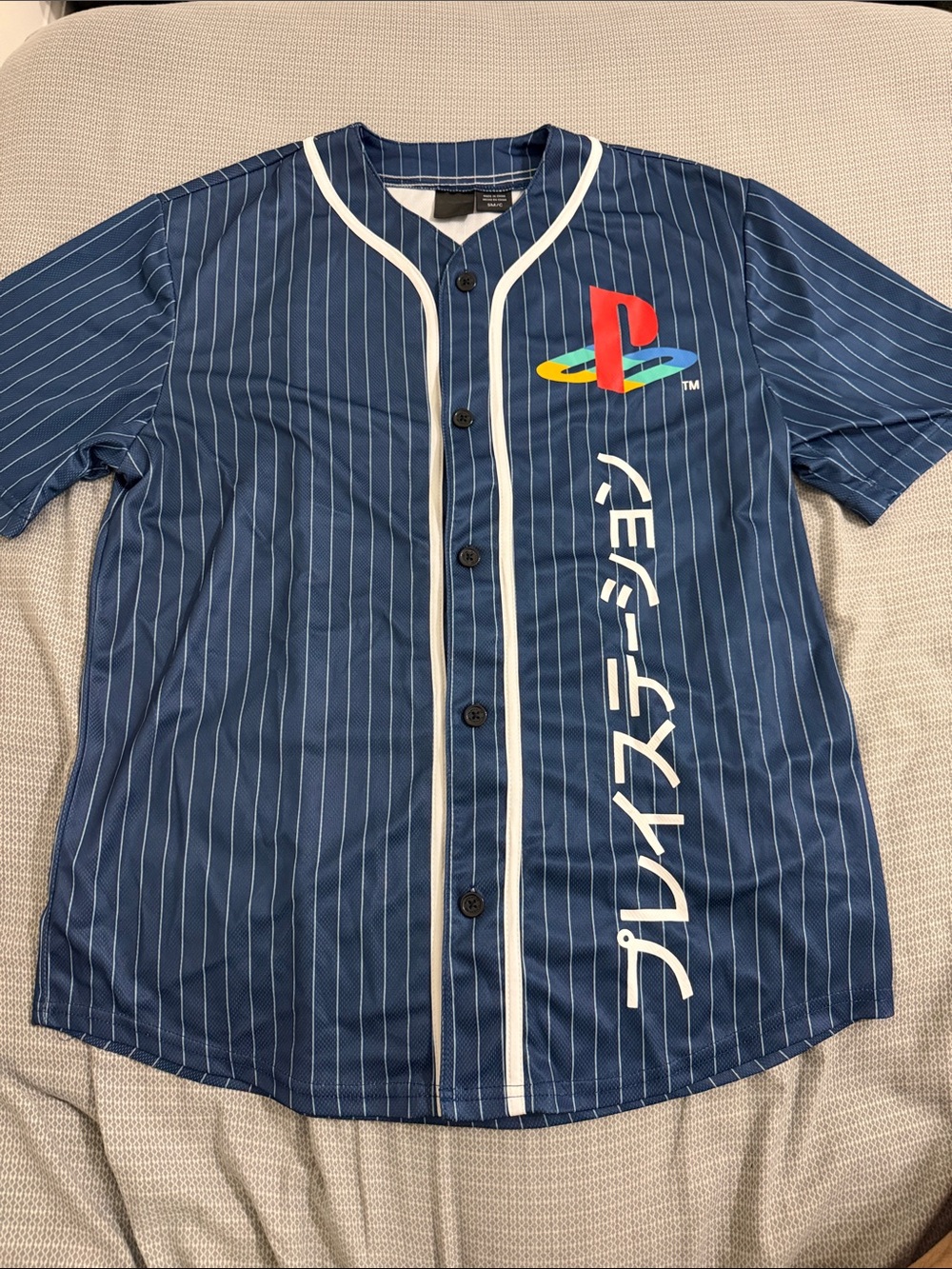 Sony Navy Pinstripe Baseball Jersey with Multicolor PlayStation Logo